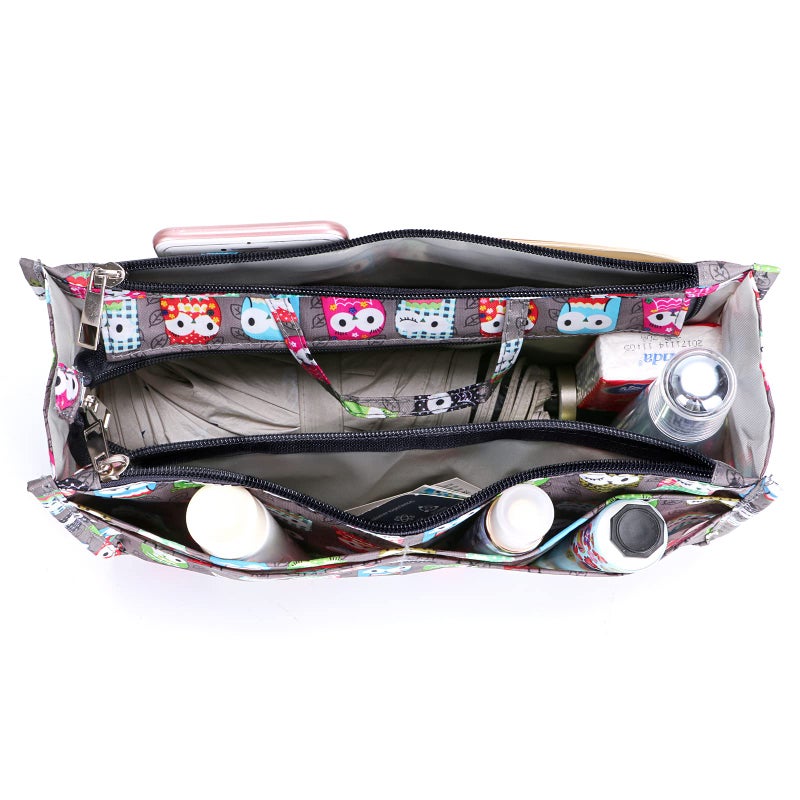 BTSKY Printing Handbag Organizers Inside Purse Insert - High Capacity 13 Pockets Bag Tote Organizer with Handle (Owl) - Image 2